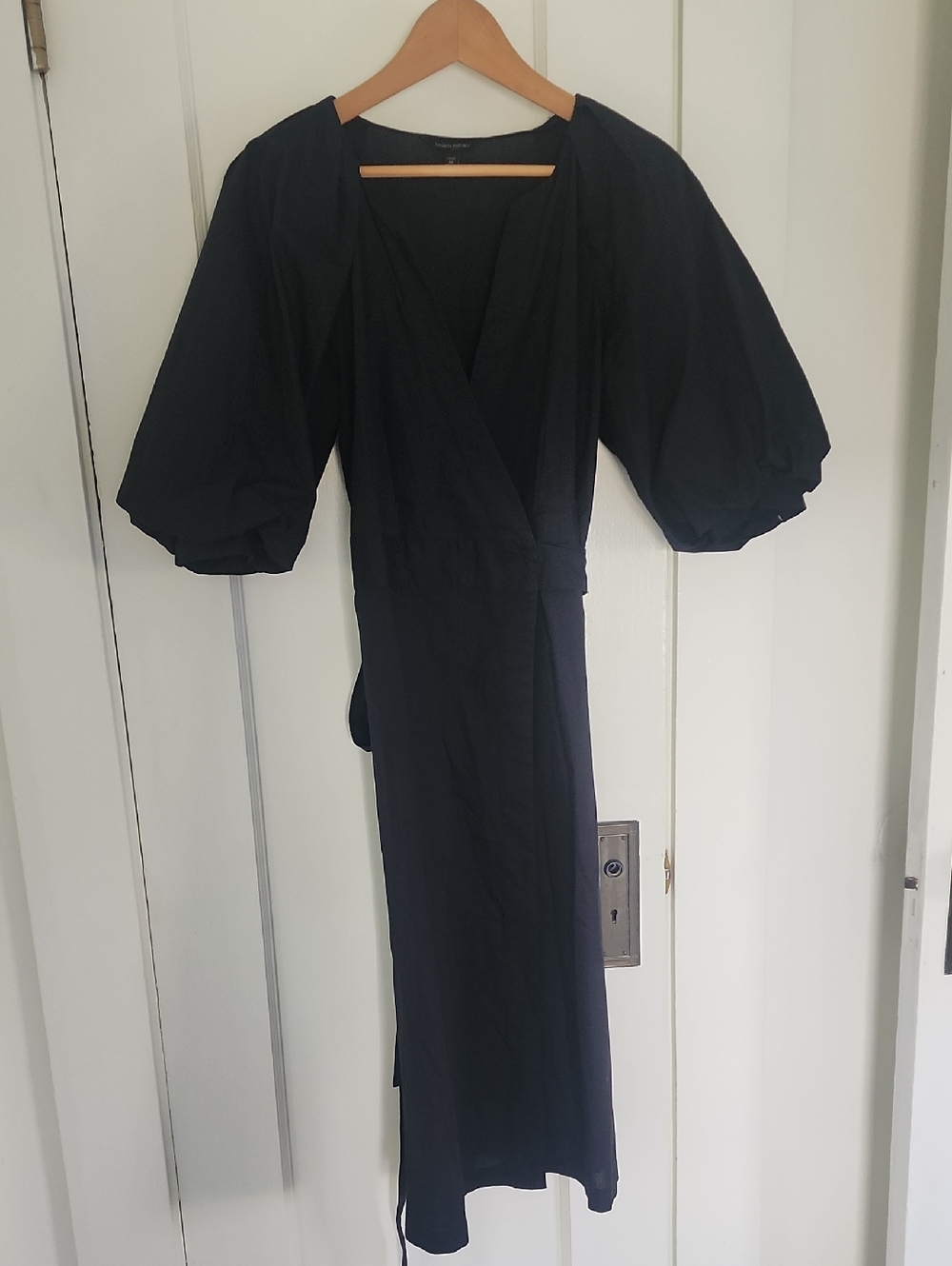 Banana Republic Black Midi Wrap Dress with Puff Sleeves Size PETITE Medium